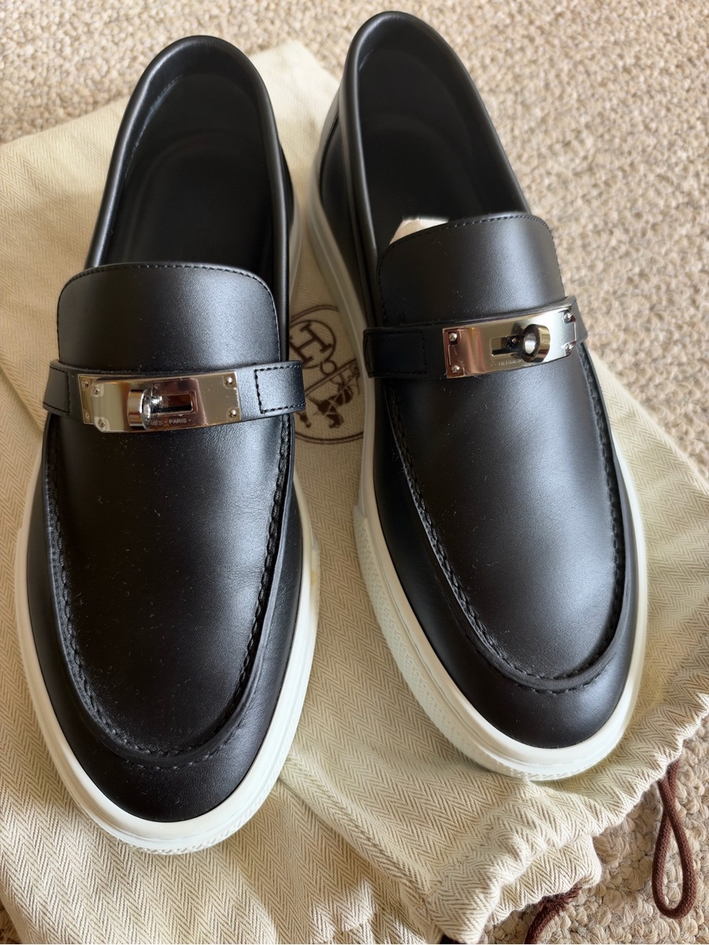 Black Hermes Kelly Leather Slip-On Men's Loafers with Silver Hardware